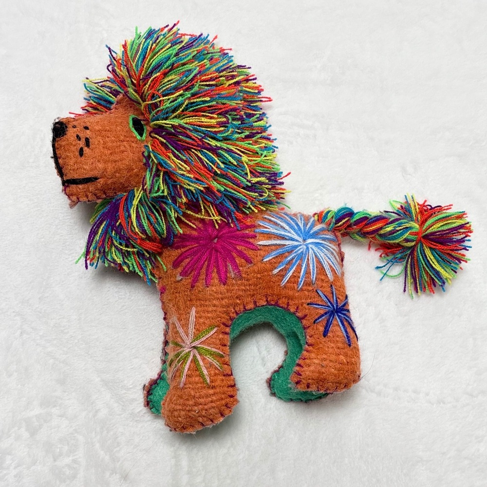 Folk Art Stuffed Animal Lion Doll Embroidered Stars Rainbow Hair Mexico Chiapas